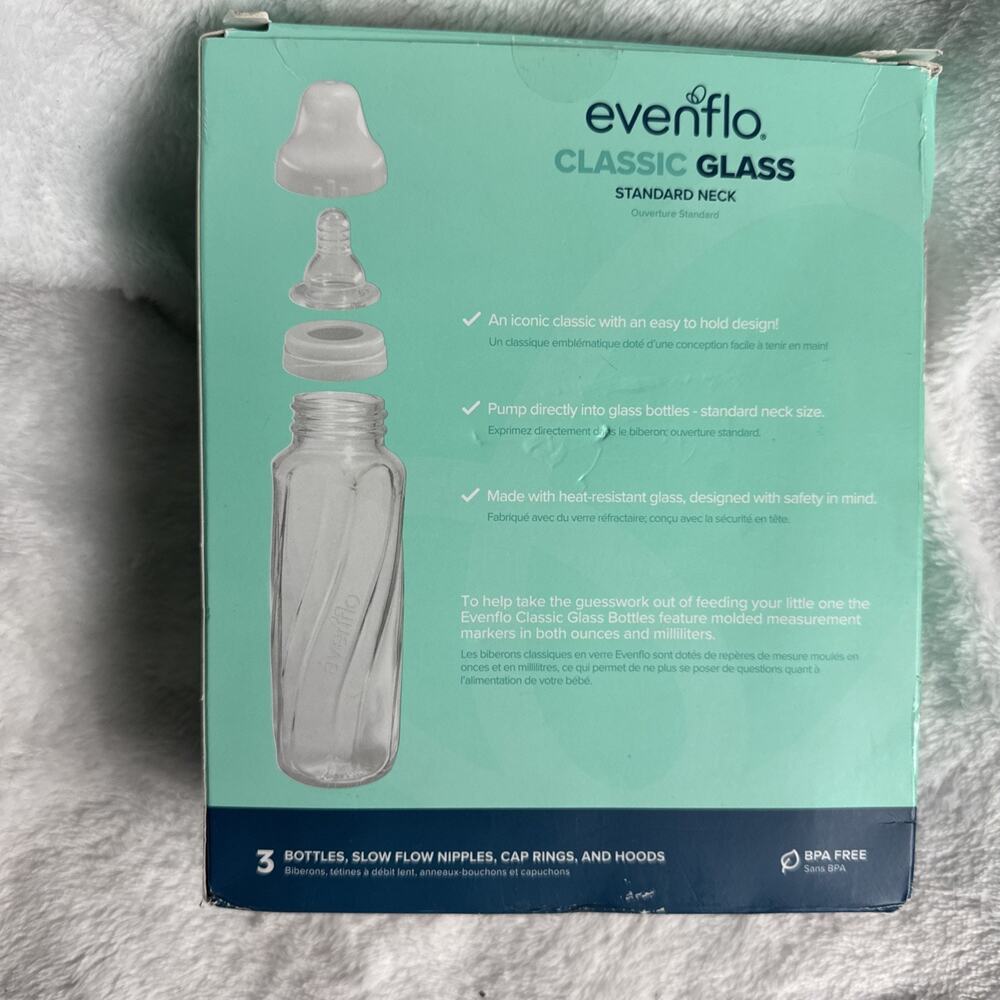 Evenflo Classic Glass Standard Neck 3 Pack 8oz Baby Bottles Slow Flow Nipple Cap - Picture 5 of 9